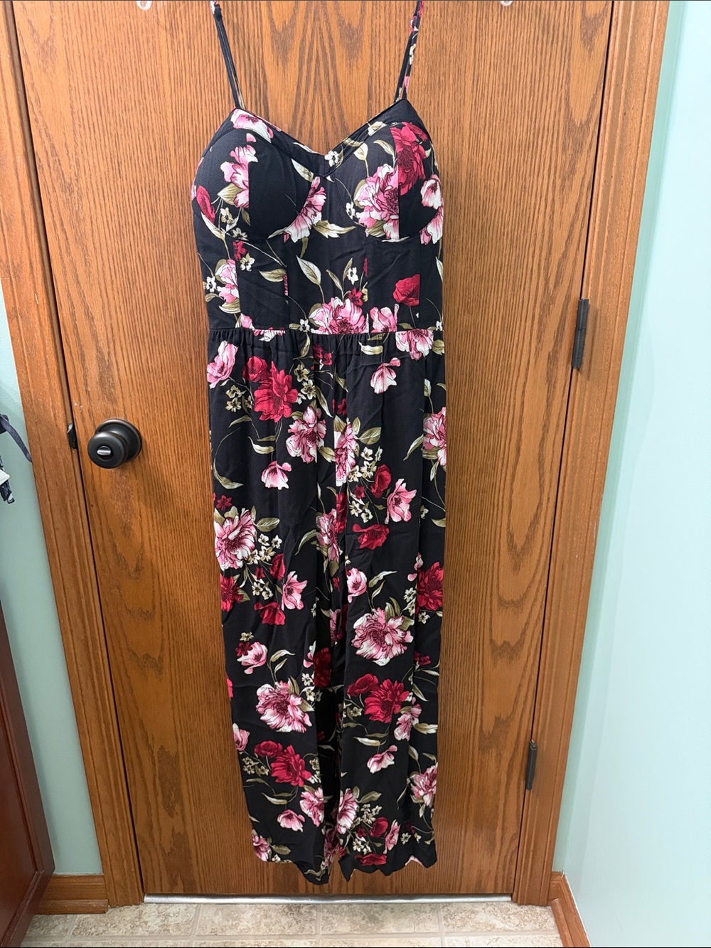 Xhilaration Black Floral Spaghetti-Strap Jumpsuit
